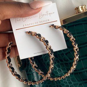 Black Faux Leather and Gold Metal Braided/Looped Chained Hoop Earrings